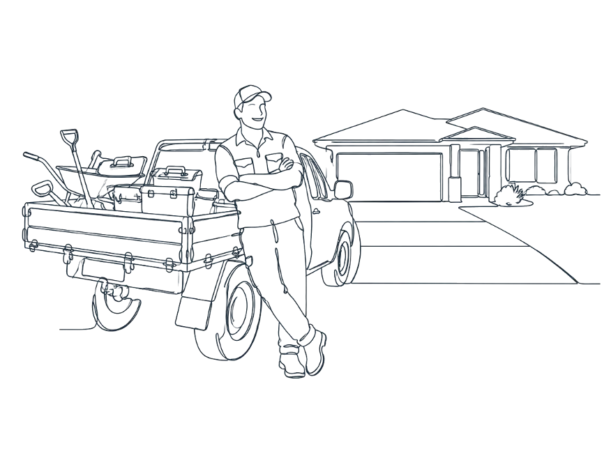 Line drawing of a concreter leaning on his work ute in front of a finished driveway