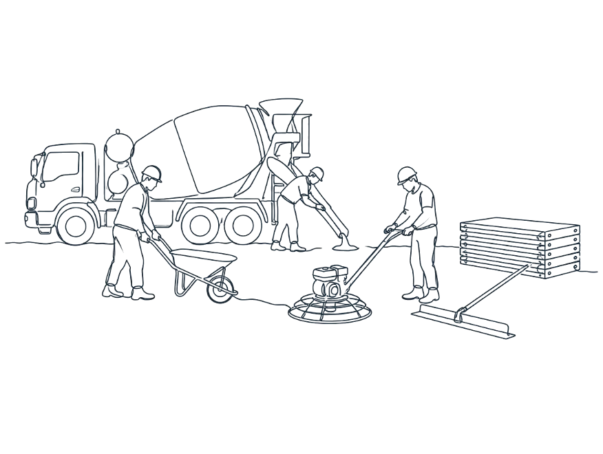 Line drawing of a Gold Coast concrete crew with their truck and tools