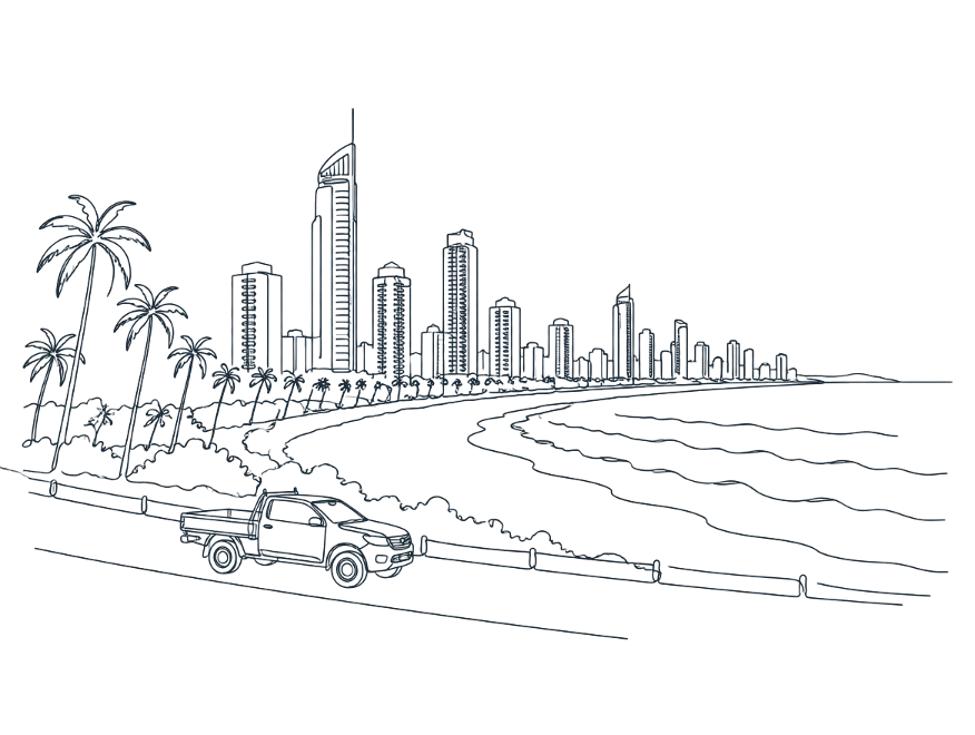 Line drawing of the Gold Coast beachfront skyline with a work ute on the coast road