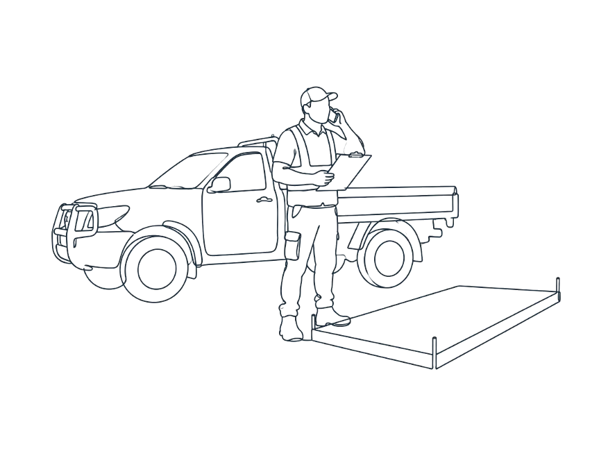 Line drawing of a concreter on the phone beside his work ute