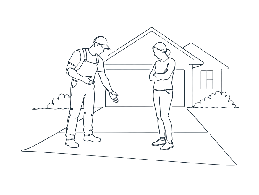Line drawing of a concreter explaining a driveway to a homeowner