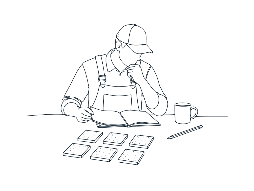 Line drawing of a concreter reading notes beside concrete finish samples
