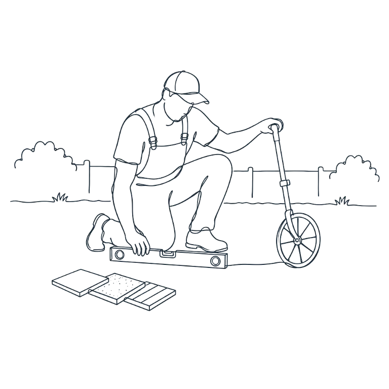 Line drawing of a concreter measuring a backyard site
