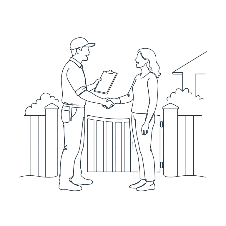 Line drawing of a concreter handing a homeowner a written quote